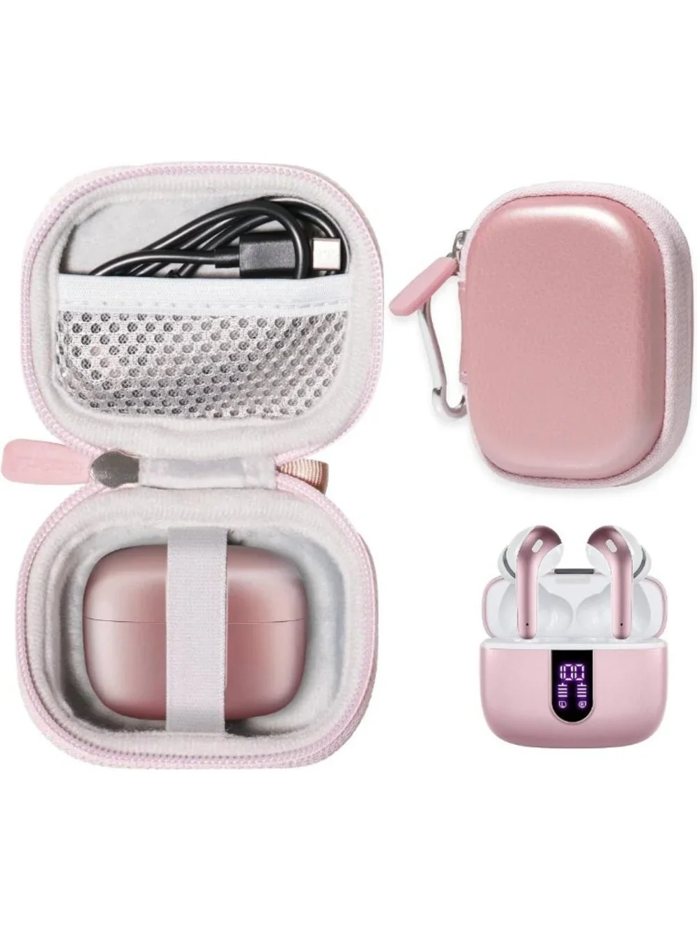 True Wireless Earbuds with 60H Playtime & Mesh Pocket for Charging Cable - Rose